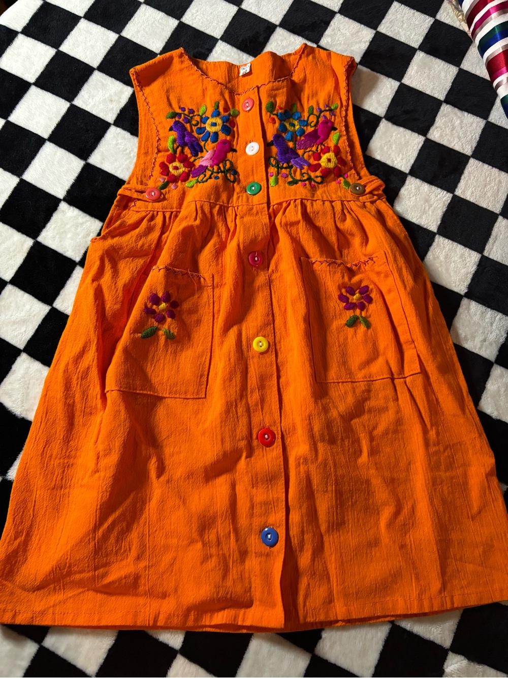 Size 5 Orange Embroidered Girls' Dress - Vibrant Button-Front